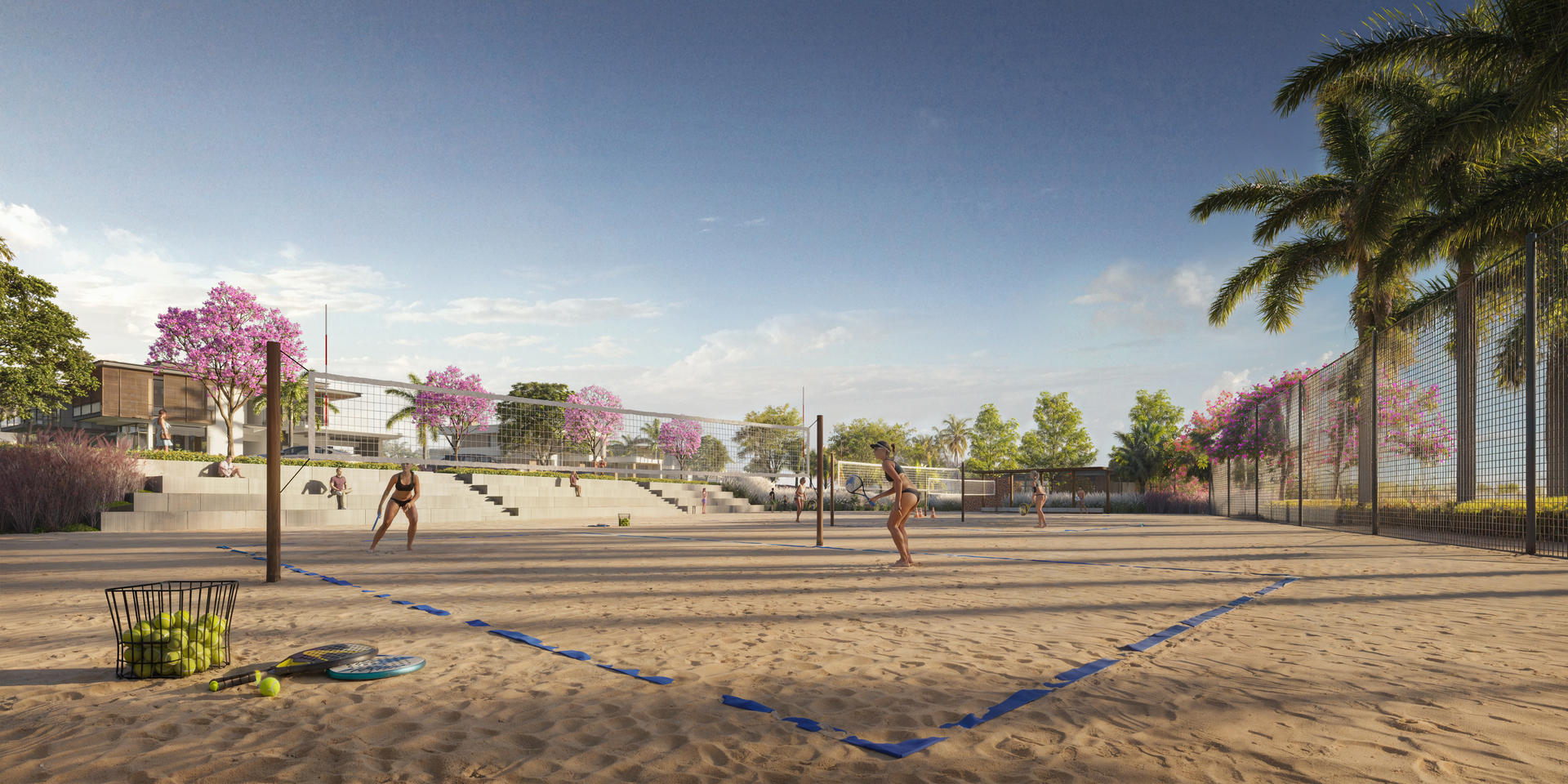 Quadras de beach tennis com arquibancada e paisagismo