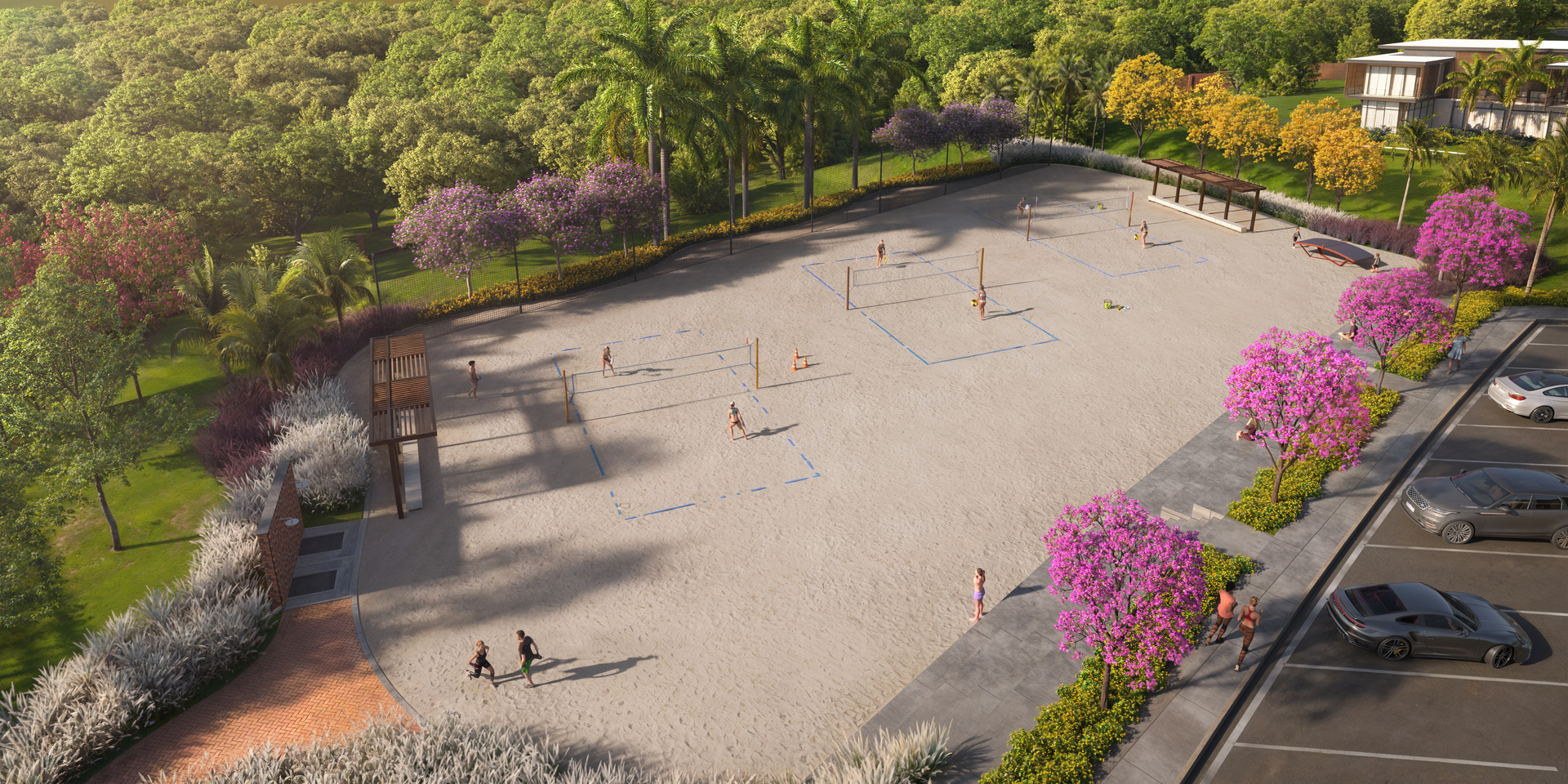 Vista aérea das quadras de beach tennis e areia