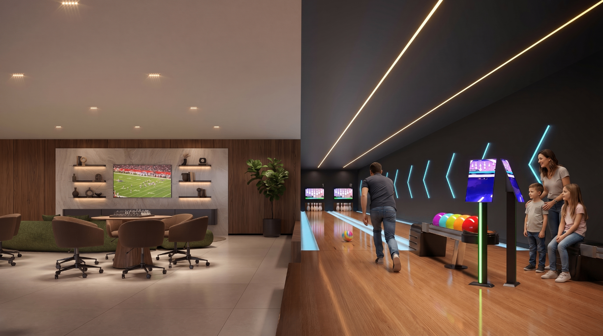 Espaço família com lounge e pista de boliche