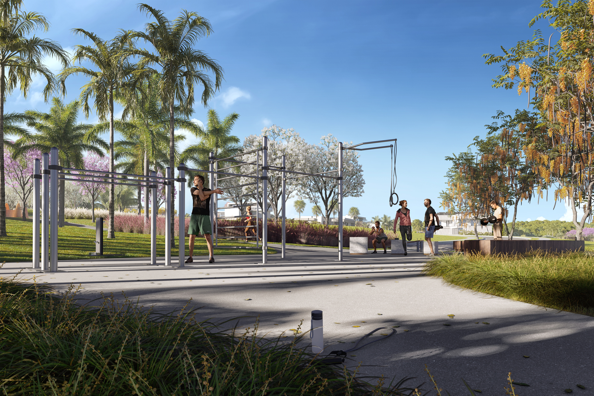 Estação de calistenia ao ar livre com barras e equipamentos
