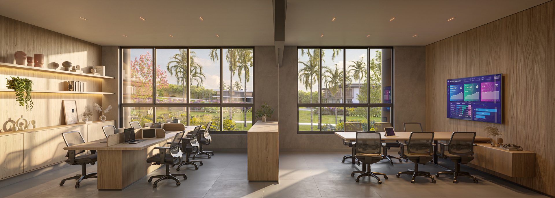 Espaço de coworking com vista para o paisagismo