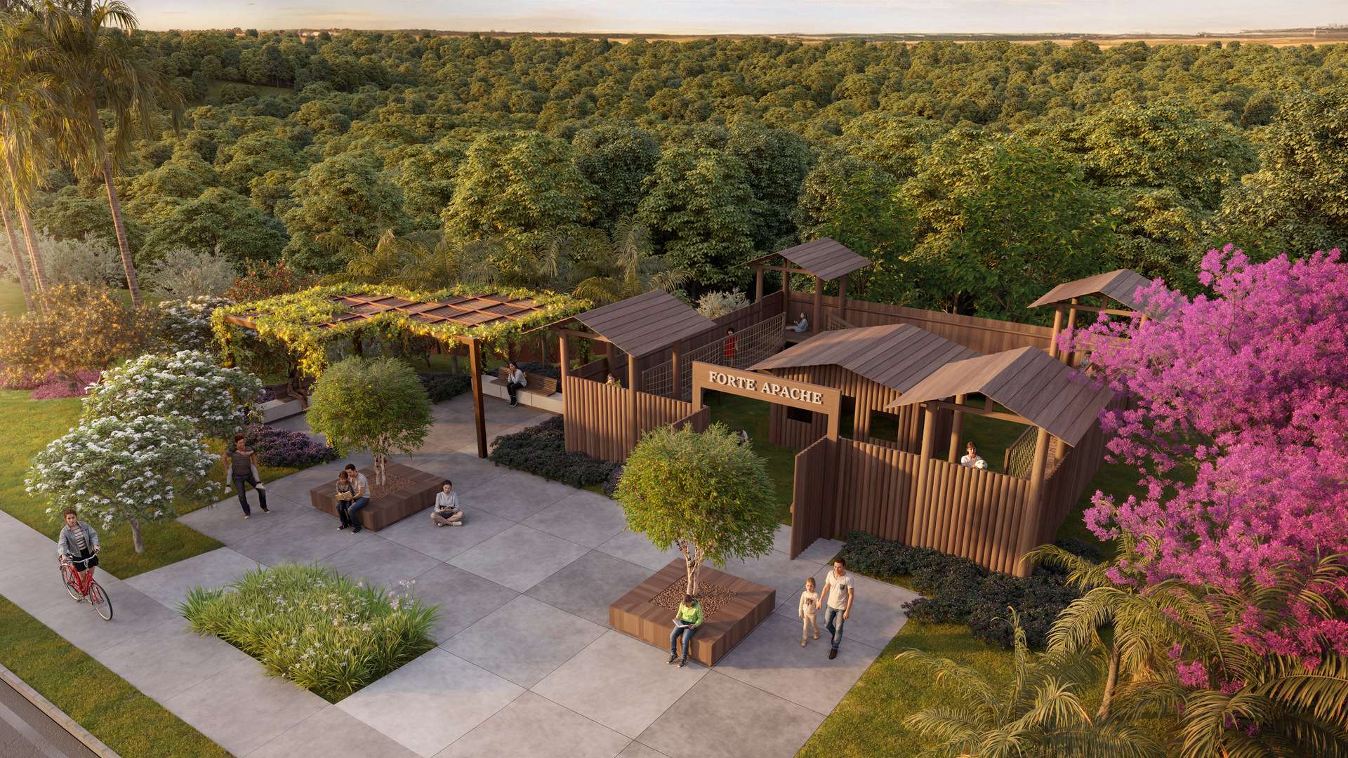 Forte Apache infantil cercado por paisagismo e área verde