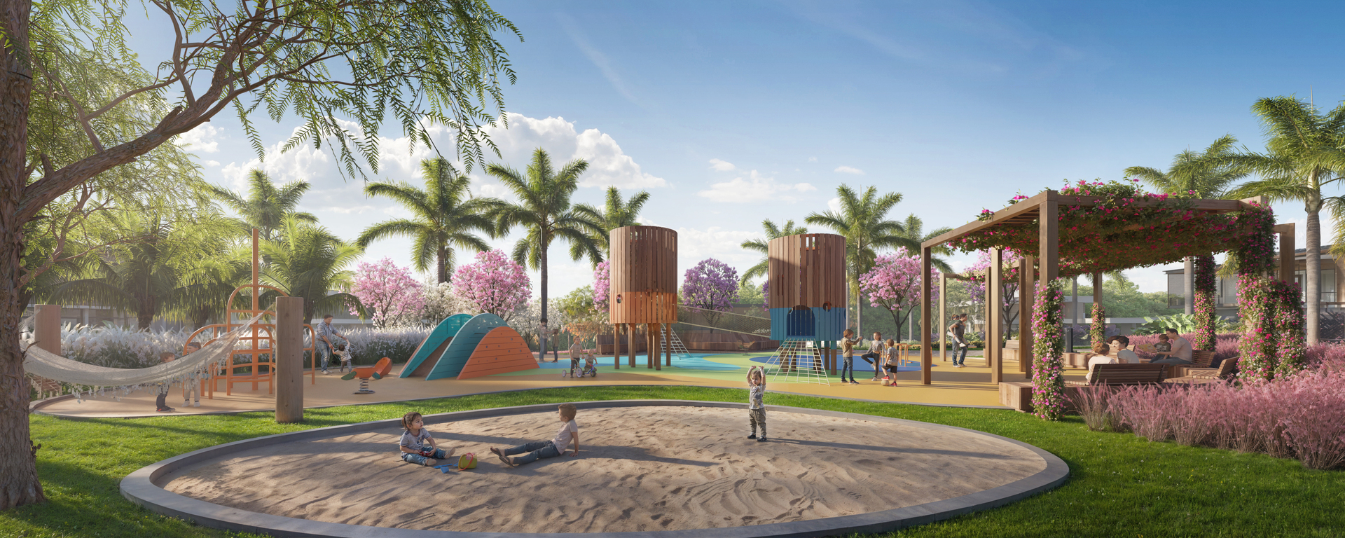 Playground central com brinquedos, areia e pergolado florido