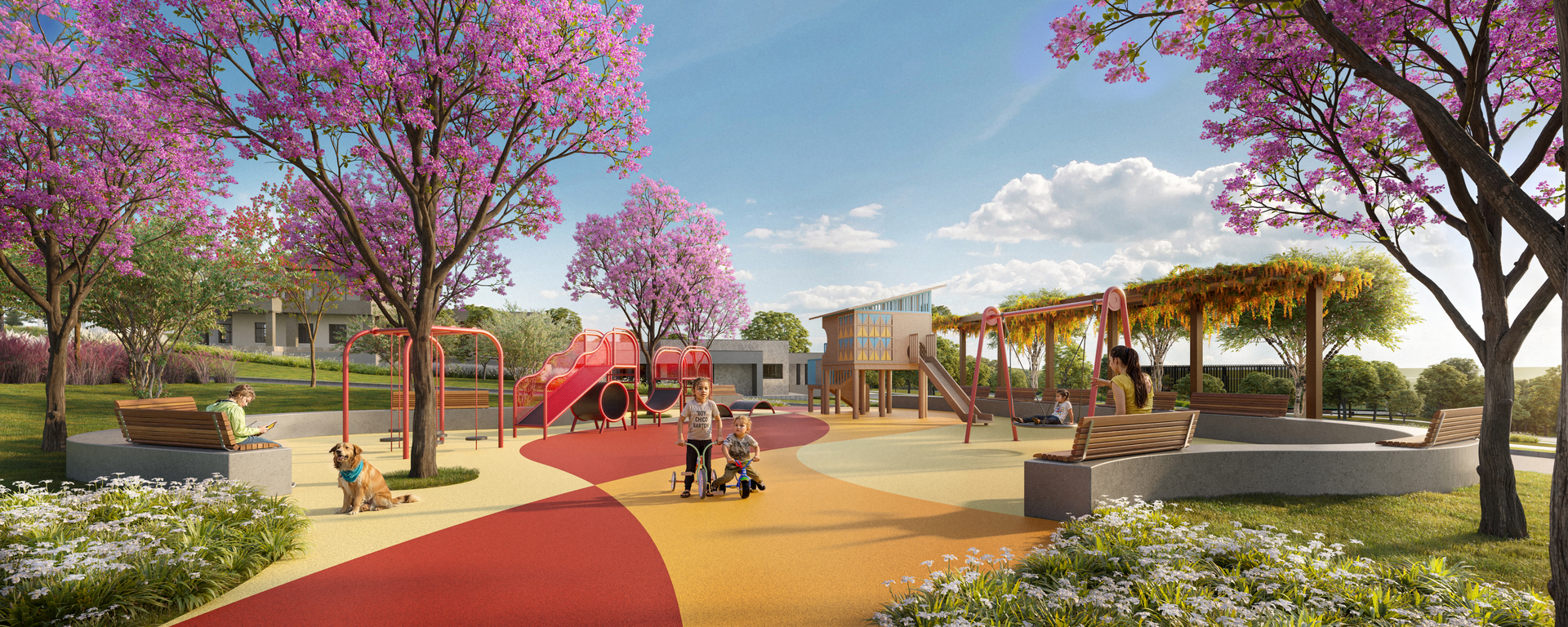 Playground da pracinha com brinquedos, bancos e árvores floridas