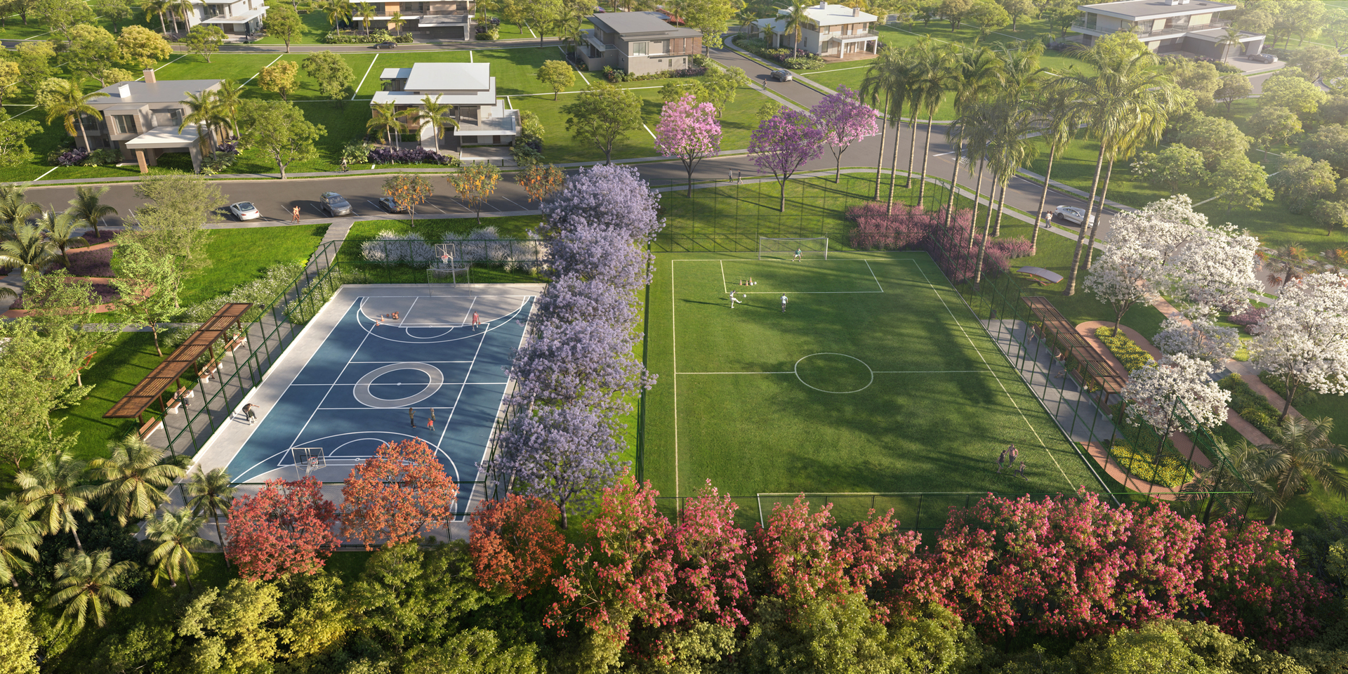 Vista aérea das quadras poliesportiva e campo de futebol